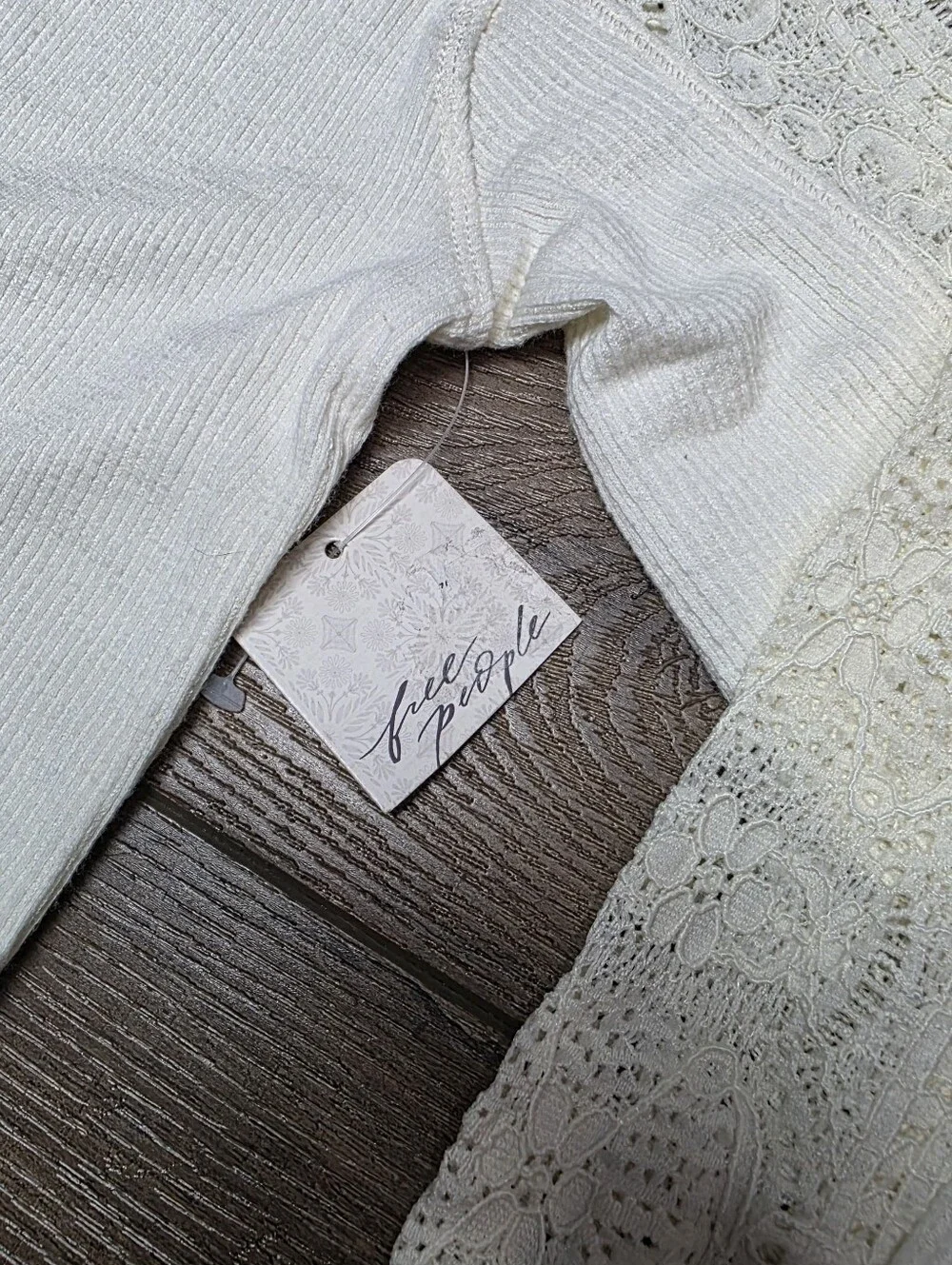 Free People Cream Lace-Trim Long Sleeve Top S
